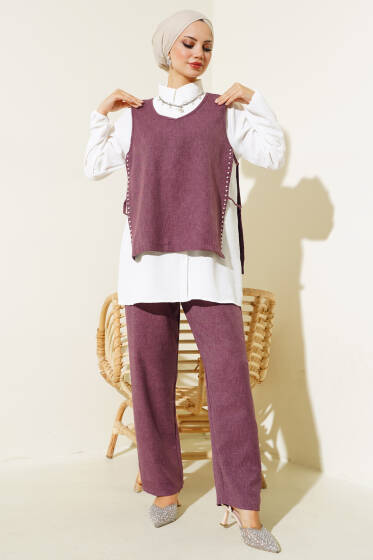 İnci Süslemeli Keten Üçlü Takım Mürdüm - İKİLİ TAKIM