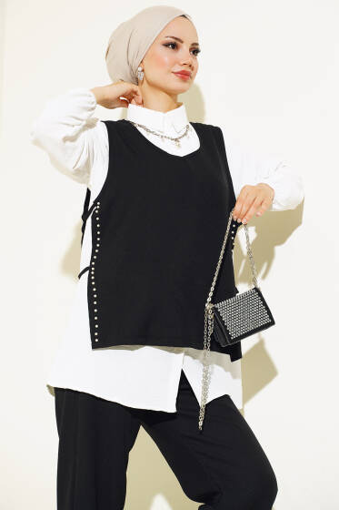 İnci Süslemeli Keten Üçlü Takım Siyah - İKİLİ TAKIM