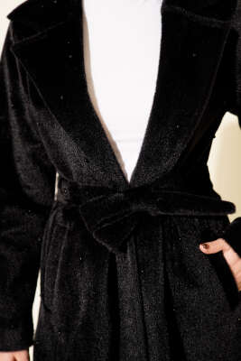 İnci Süslemeli Kuşaklı Goldfox Kaban Siyah - Kaban