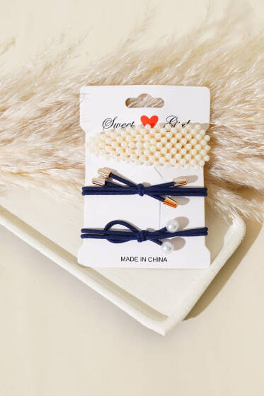 İnci Süslemeli Lastikli Toka Seti Lacivert - Toka