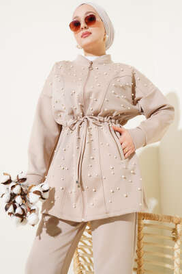 İnci Süslemeli Scuba İkili Takım Bej - İkili Takım