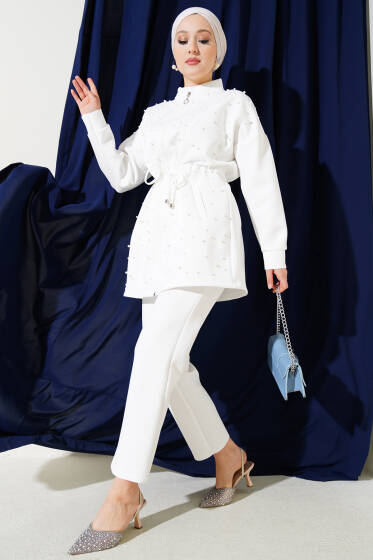 İnci Süslemeli Scuba İkili Takım Beyaz - İkili Takım