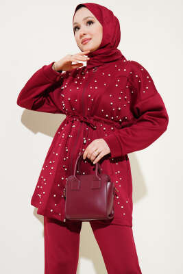 İnci Süslemeli Scuba İkili Takım Bordo - İkili Takım