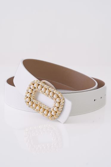 İnci Süslemeli Tokalı Beyaz Kemer - Deri Kemer