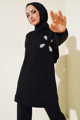 İnci Taş Süslemeli İkili Takım Siyah - İKİLİ TAKIM