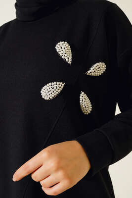 İnci Taş Süslemeli İkili Takım Siyah - İKİLİ TAKIM