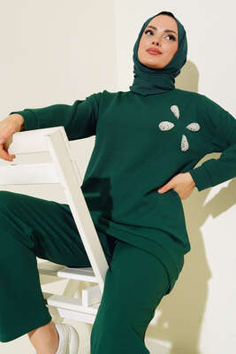 İnci Taş Süslemeli İkili Takım Zümrüt Yeşili 