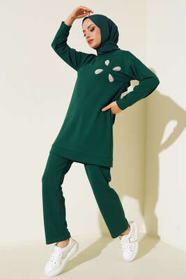 İnci Taş Süslemeli İkili Takım Zümrüt Yeşili - İKİLİ TAKIM