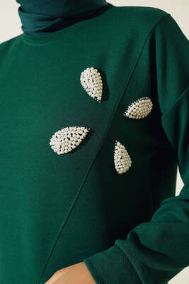 İnci Taş Süslemeli İkili Takım Zümrüt Yeşili - İKİLİ TAKIM