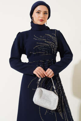 	 İnci Taşlı Büyük Beden Elbise Lacivert - Tesettür Elbise