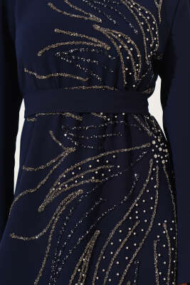 	 İnci Taşlı Büyük Beden Elbise Lacivert - Tesettür Elbise