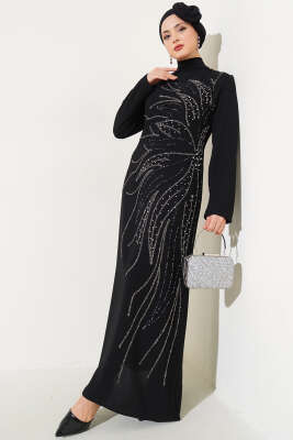 İnci Taşlı Büyük Beden Elbise Siyah - Tesettür Elbise
