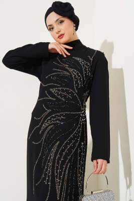İnci Taşlı Büyük Beden Elbise Siyah - Tesettür Elbise