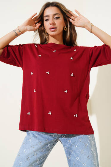 İnci Taşlı T-shirt Bordo - Kadın Giyim Modelleri
