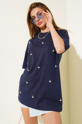 İnci Taşlı T-shirt Lacivert - Kadın Giyim Modelleri