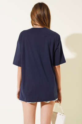 İnci Taşlı T-shirt Lacivert - Kadın Giyim Modelleri