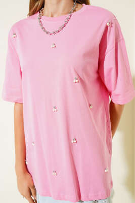 İnci Taşlı T-shirt Pembe - Kadın Giyim Modelleri