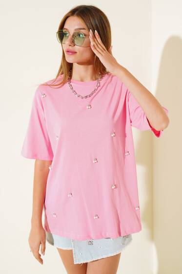 İnci Taşlı T-shirt Pembe - Kadın Giyim Modelleri