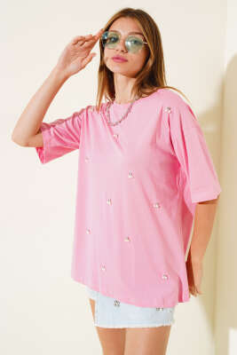 İnci Taşlı T-shirt Pembe - Kadın Giyim Modelleri