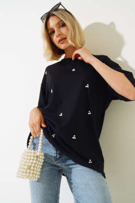 İnci Taşlı T-shirt Siyah - Kadın Giyim Modelleri