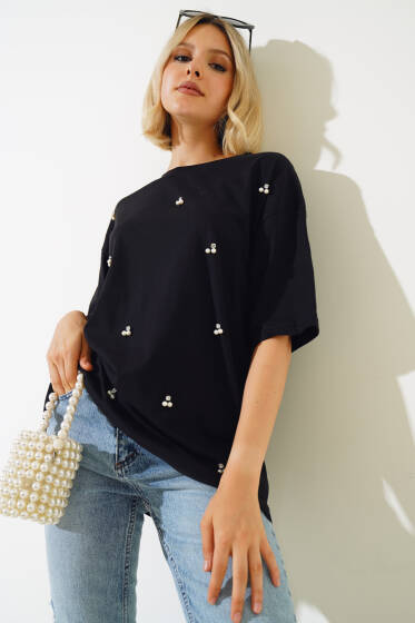 İnci Taşlı T-shirt Siyah - Yeni Giyim