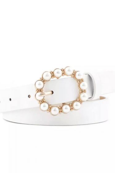 İnci Tokalı Beyaz Gold Kemer - Deri Kemer