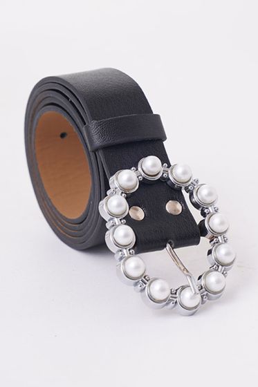 İnci Tokalı Siyah Gümüş Kemer - Deri Kemer