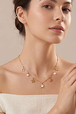 İnci Yıldız Detaylı Zincir Kolye Gold - YILMAZ BİJUTERİ 