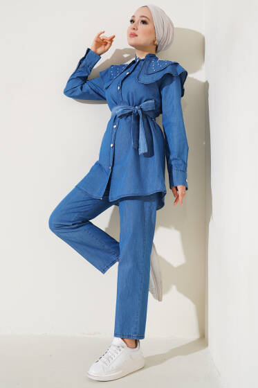 İncili Bebe Yaka Kot İkili Takım Kot - İkili Takım