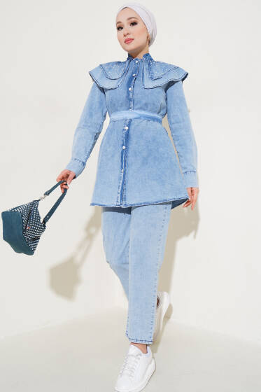 İncili Bebe Yaka Kot İkili Takım Kot Mavisi - İkili Takım