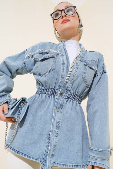 İncili Bel Lastikli Kot Ceket Kot Buz Mavi - Ceket