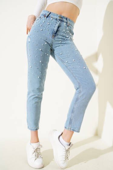 İncili Dar Paça Kot Pantolon Mavi - Kadın Giyim Modelleri