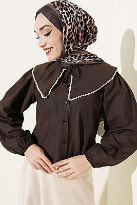 İncili Denizci Yaka Kısa Gömlek Acı Kahve - Gömlek