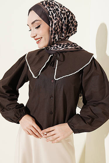 İncili Denizci Yaka Kısa Gömlek Acı Kahve - Gömlek