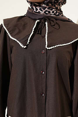 İncili Denizci Yaka Kısa Gömlek Acı Kahve - Gömlek