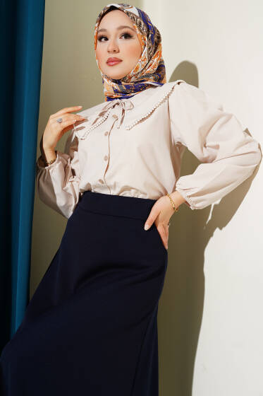 İncili Denizci Yaka Kısa Gömlek Bej - Gömlek