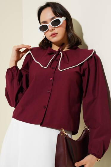 İncili Denizci Yaka Kısa Gömlek Bordo - Gömlek