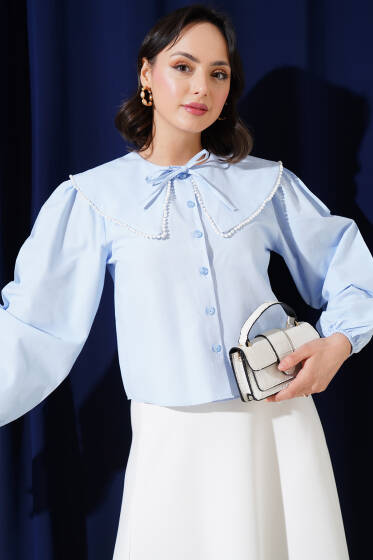 İncili Denizci Yaka Kısa Gömlek Buz Mavisi - Gömlek