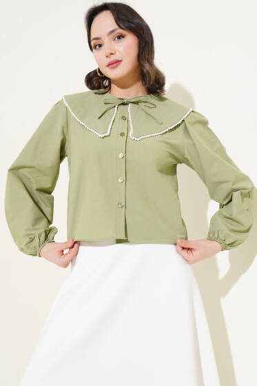 İncili Denizci Yaka Kısa Gömlek Çağla Yeşili - Gömlek