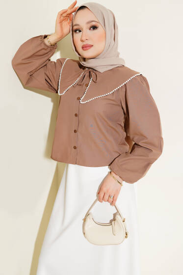 İncili Denizci Yaka Kısa Gömlek Kahve - Gömlek