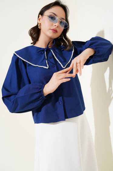 İncili Denizci Yaka Kısa Gömlek Lacivert - Gömlek