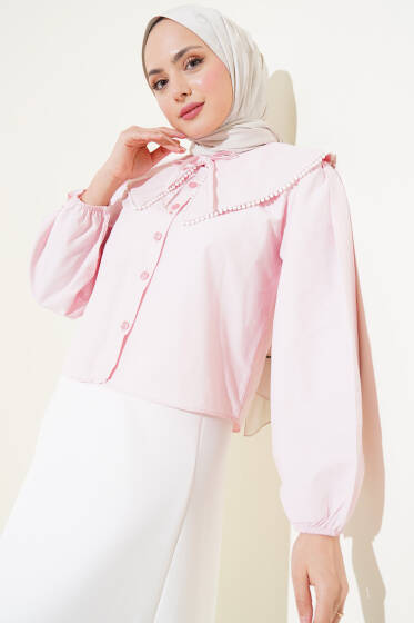 İncili Denizci Yaka Kısa Gömlek Pembe - Gömlek