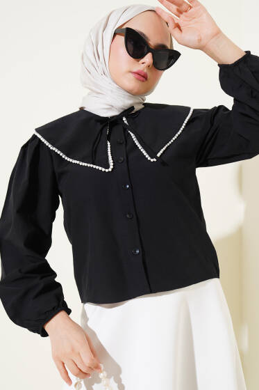 İncili Denizci Yaka Kısa Gömlek Siyah - Gömlek
