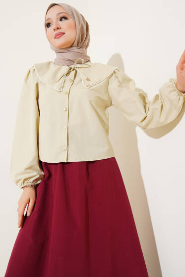 İncili Denizci Yaka Kısa Gömlek Taş - Gömlek