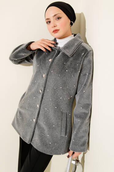 İncili Düğmeli Tay Tüyü Kaban Füme - Kaban