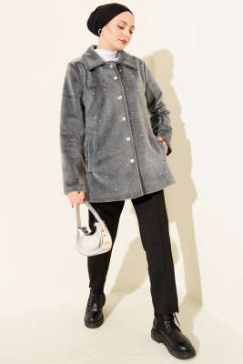 İncili Düğmeli Tay Tüyü Kaban Füme - Kaban