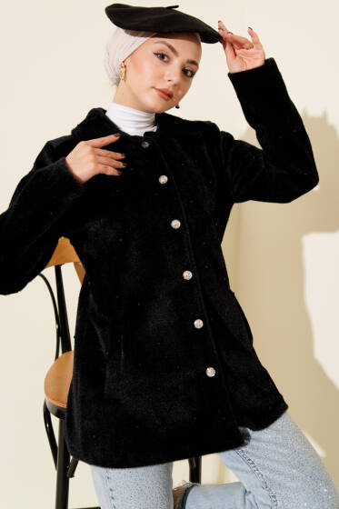 İncili Düğmeli Tay Tüyü Kaban Siyah - Kaban