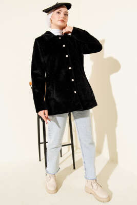 İncili Düğmeli Tay Tüyü Kaban Siyah - Kaban