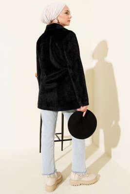 İncili Düğmeli Tay Tüyü Kaban Siyah - Kaban