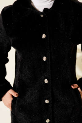 İncili Düğmeli Tay Tüyü Kaban Siyah - Kaban